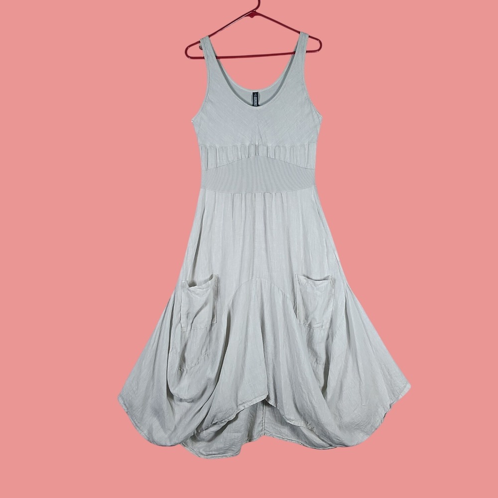 INIZIO Italy Midi Dress Size XL Cream Linen Draped Bubble Hem Pockets Sleeveless